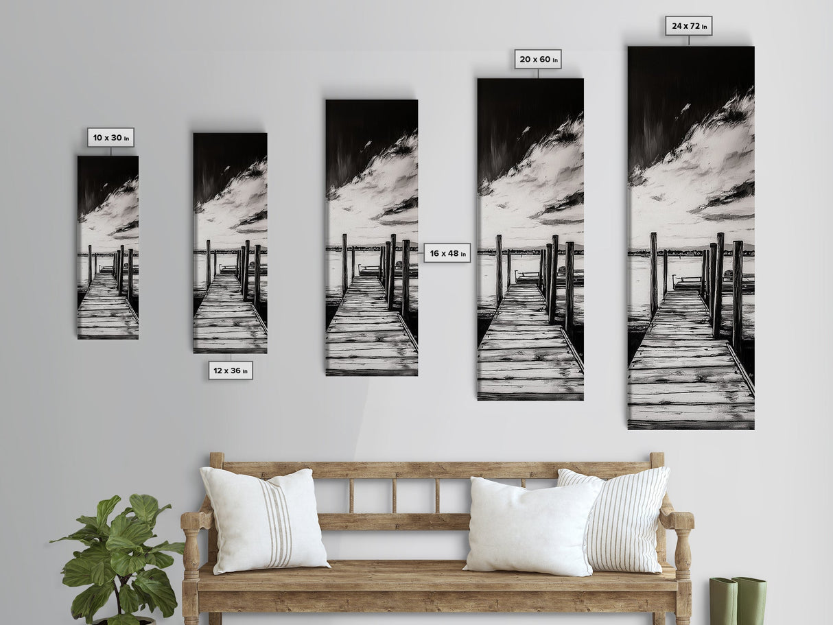 Wooden Dock, Black and White Lake Art, Rustic Cabin Wall Decor, Peaceful Waterfront Scene, Minimalist Landscape, Canvas Print