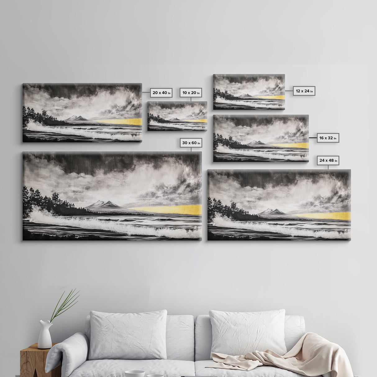 Stormy Ocean, Mountain View, Dramatic Landscape, Coastal Art, Black and White, Framed Canvas Print, Modern Wall Art, Office Decor