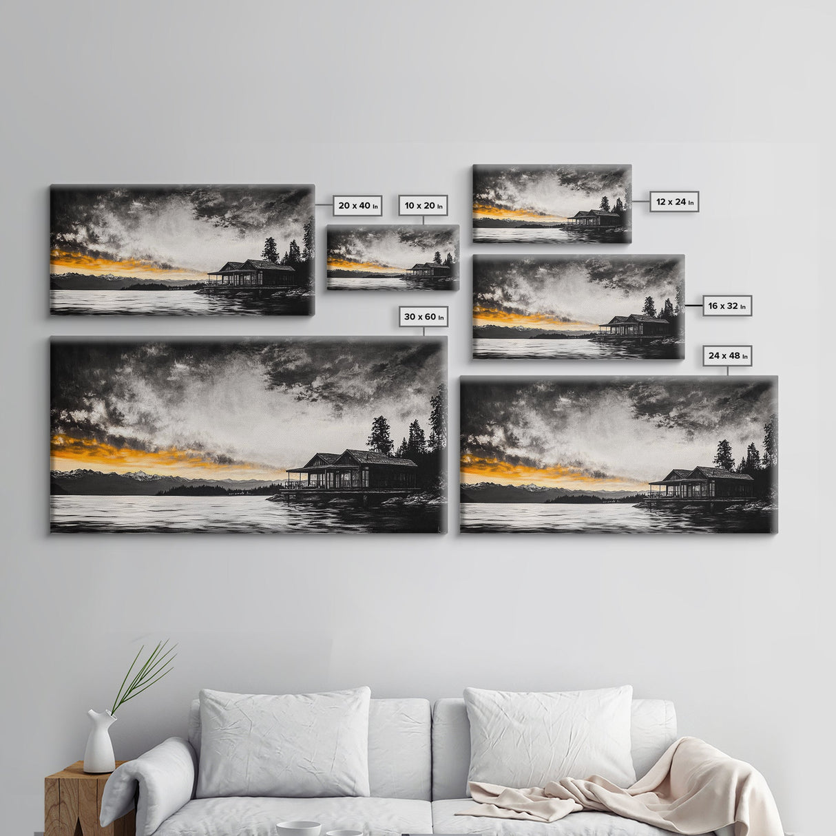 Sunset Cabin, Lake House Art, Mountain Retreat, Framed Canvas Print, Rustic Home Decor, Nature Wall Art, Bedroom Wall Art