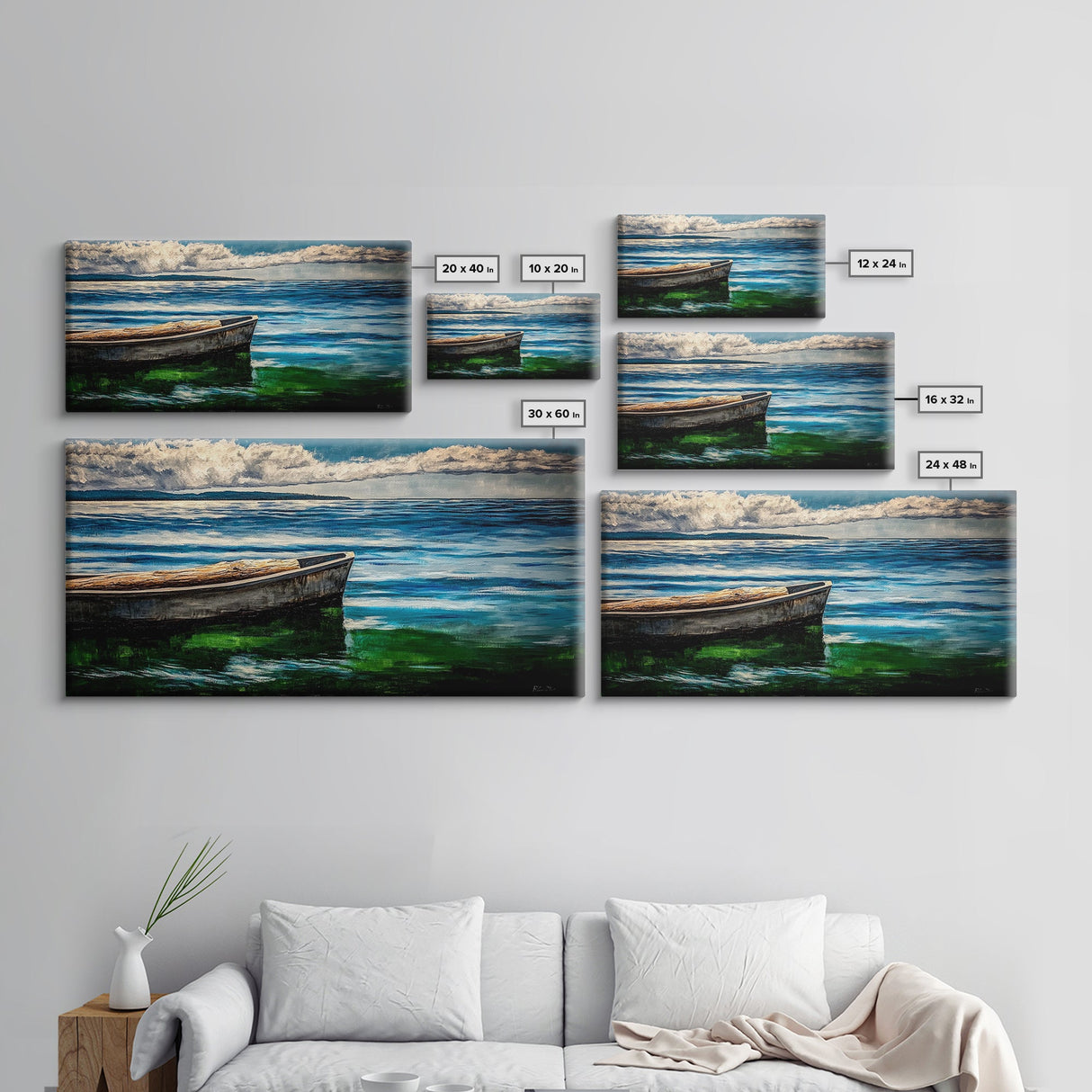 Lonely Boat, Ocean Painting, Nautical Home Decor, Framed Canvas Print, Coastal Wall Art, Blue Water Art, Beach House Art