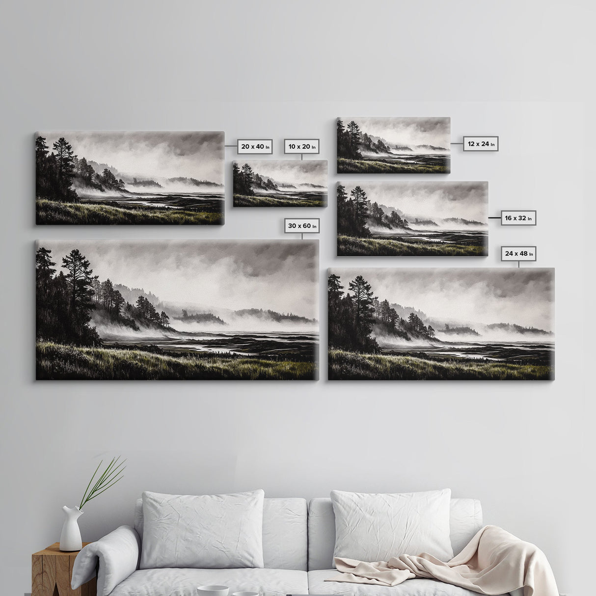 Foggy Hills, Woodland Landscape, Monochrome Art, Canvas Print, Rustic Nature Decor, Peaceful Wall Art, Mountain Art