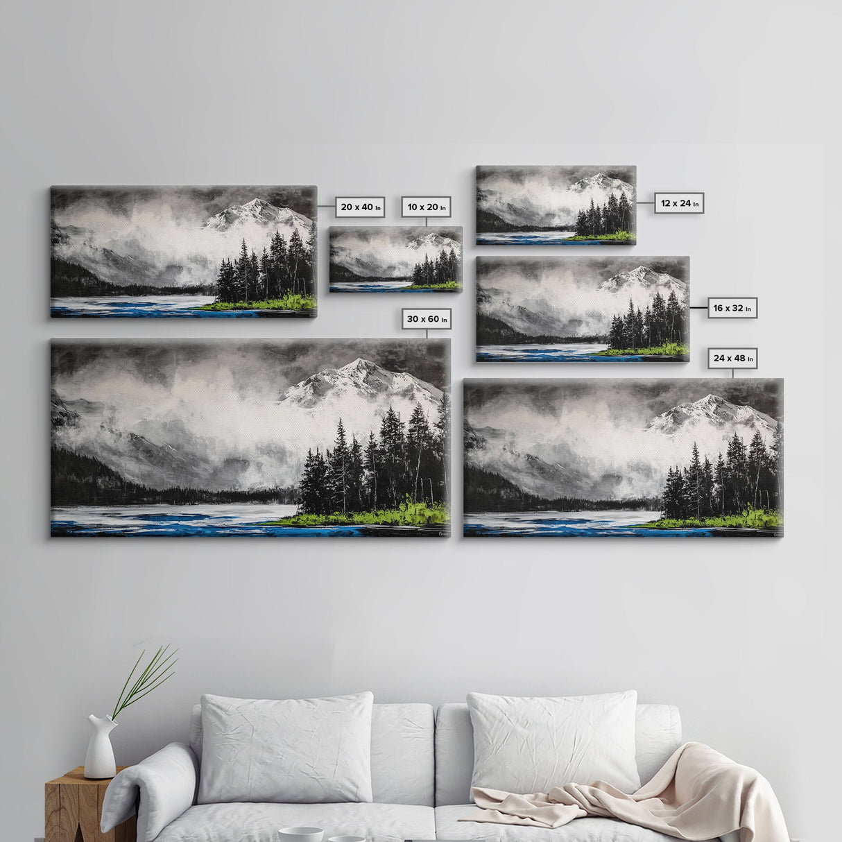 Snowy Mountains, Misty, Forest, Black and White, Canvas Print, Rustic Cabin Decor, Winter Wall Art, Nature Home Decor, Living Room Art