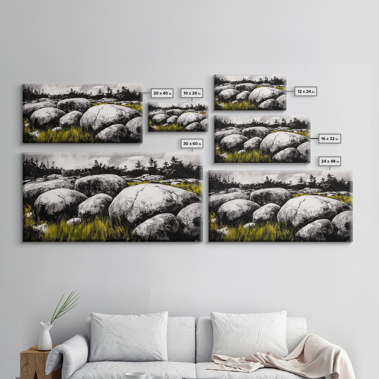 Boulder Landscape, Black and White, Nature Scene, Framed Canvas Print, Rustic Wall Art, Minimalist Decor, Wilderness Theme, Cabin Art