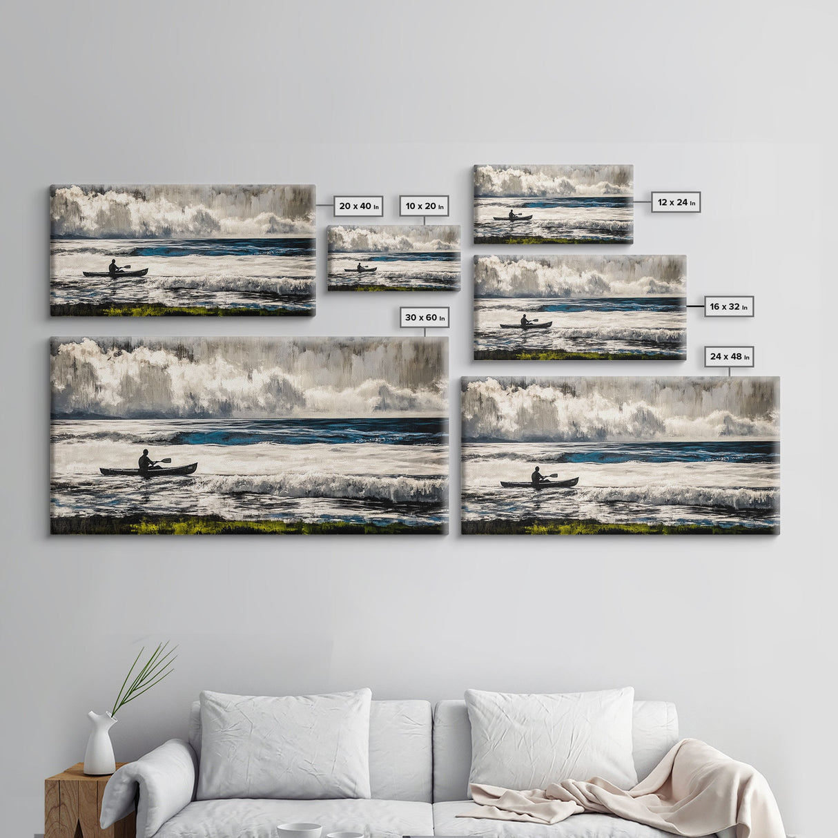 Kayaker on the Waves, Black and White Canvas Print, Ocean Adventure Wall Art, Nautical Decor, Living Room Artwork, Framed Canvas Print