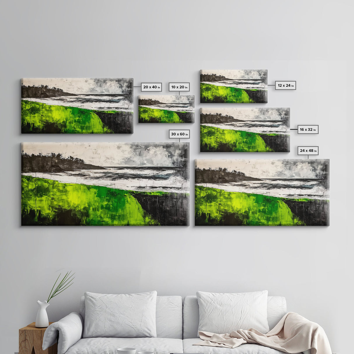 Green Cliffside, Coastal Landscape, Ocean Art, Black and White Seascape, Modern Home Decor, Nautical Theme Artwork, Framed Canvas Print