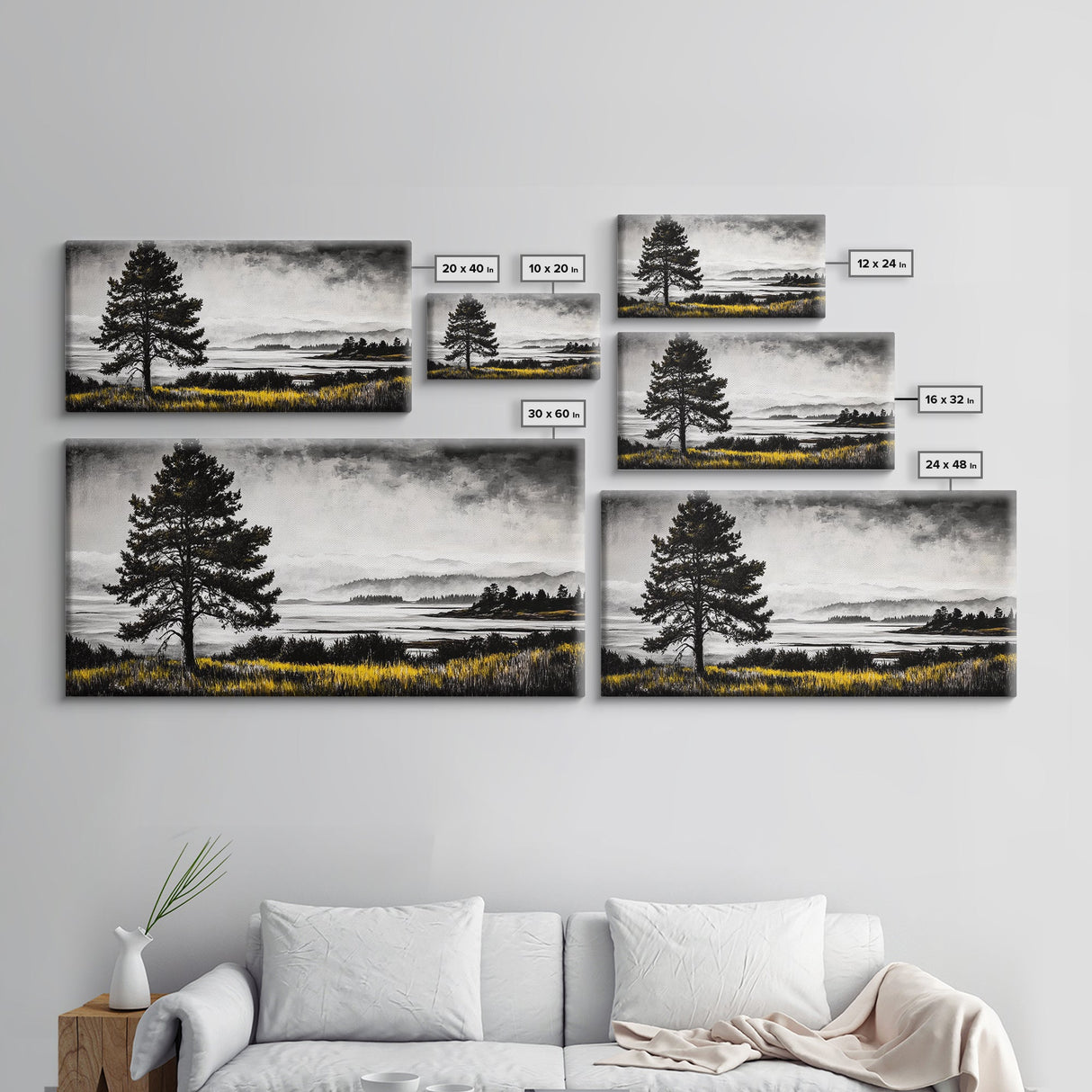 Foggy Pine Tree Art, Landscape Canvas Print, Black and White Painting, Autumn Wall Decor, Cabin Inspired Artwork, Framed Canvas Print