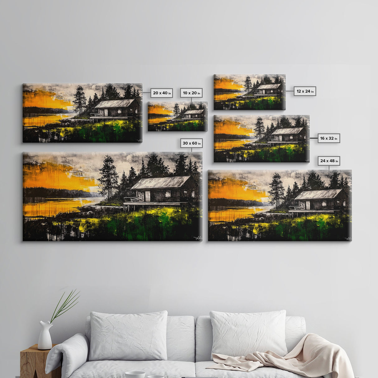 Rustic Cabin Art, Golden Sunset Canvas Print, Autumn Landscape Painting, Nature Wall Decor, Cozy Home Aesthetic, Framed Canvas Print