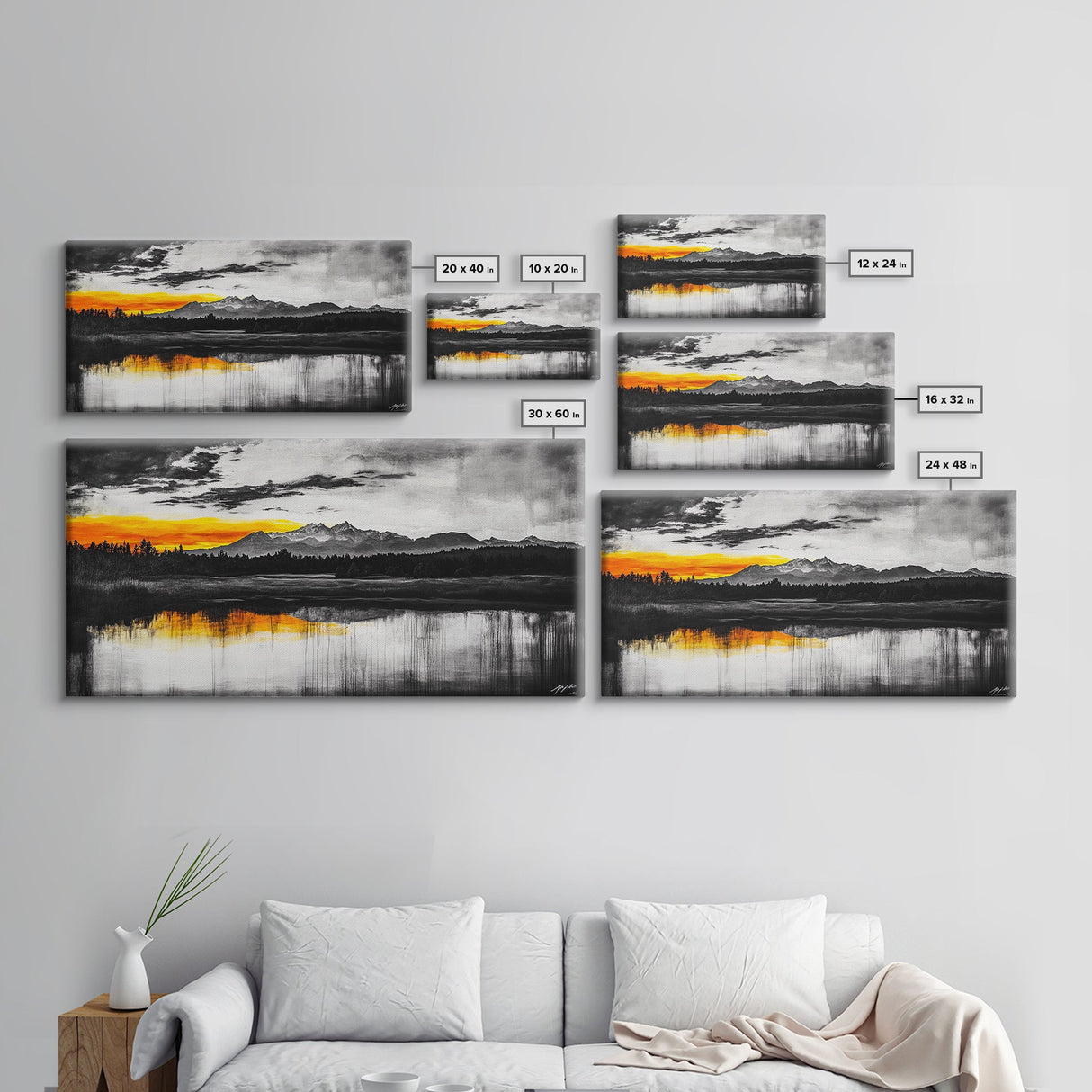 Sunset Reflection, Black and White, Framed Canvas Print, Nature Wall Art, Modern Landscape, Bold Decor, Living Room Art, Autumn Colors