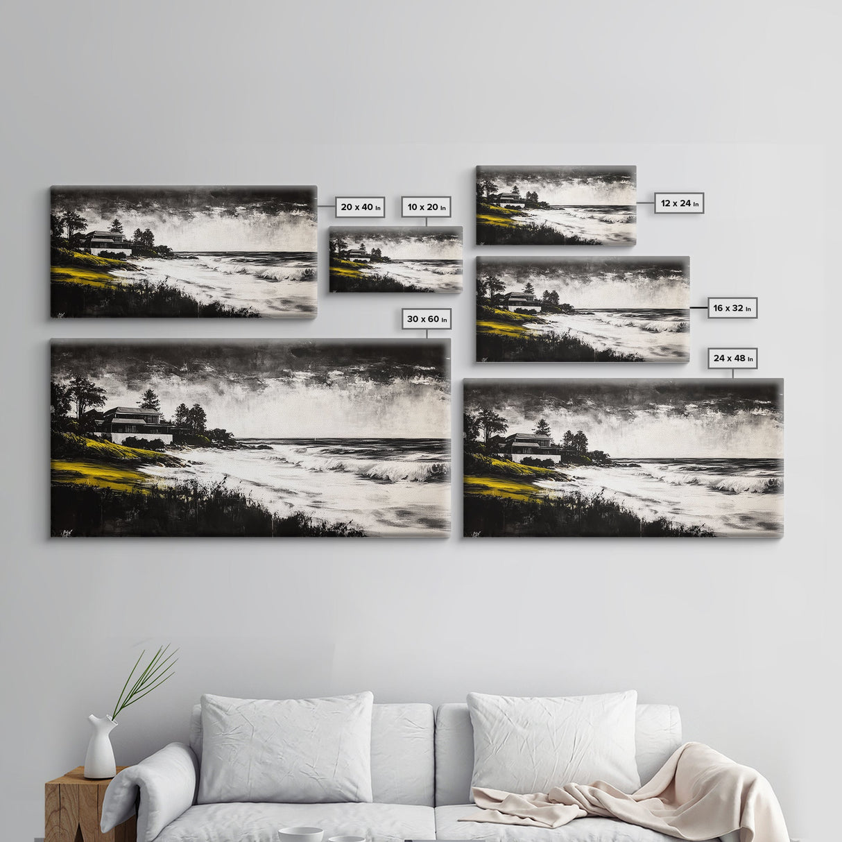 Coastal Landscape, Black and White, Framed Canvas Print, Beach House Wall Art, Nautical Decor, Ocean View Art, Minimalist Seascape