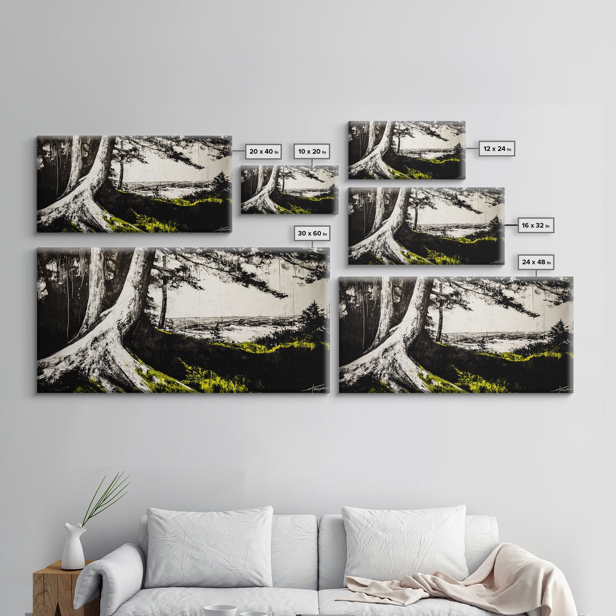 Forest Tree, Ocean View, Coastal Landscape, Canvas Print, Nature Wall Art, Black and White Art, Cabin Wall Decor, Rustic Wall Art