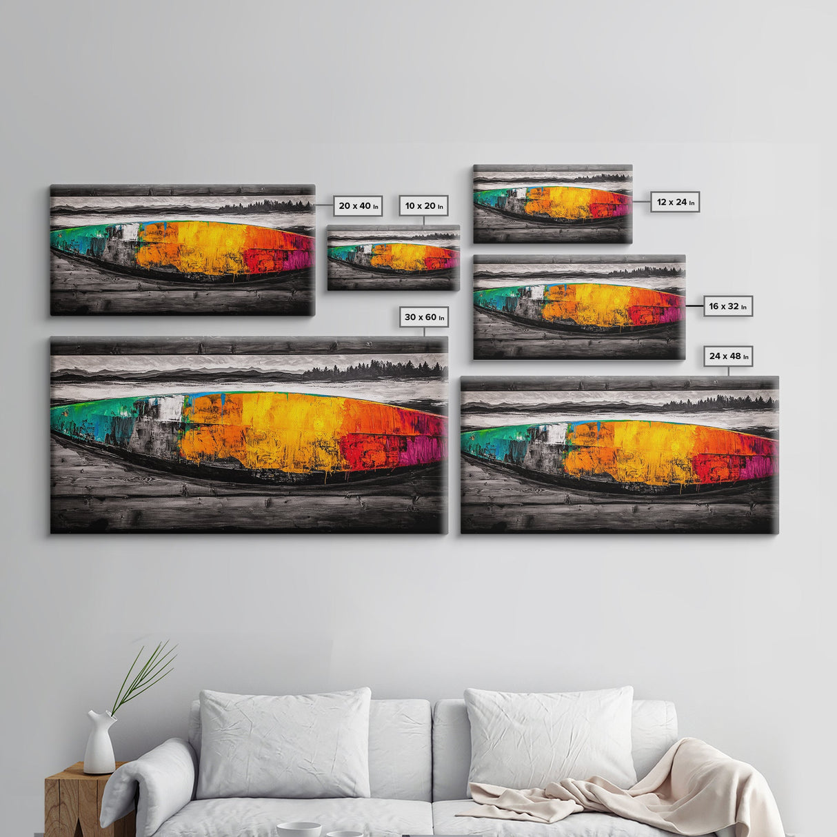 Abstract Canoe, Vibrant Boat Painting, Coastal Art, Modern Boho Decor, Colorful Wall Art, Framed Canvas Print, Dining Room Accent