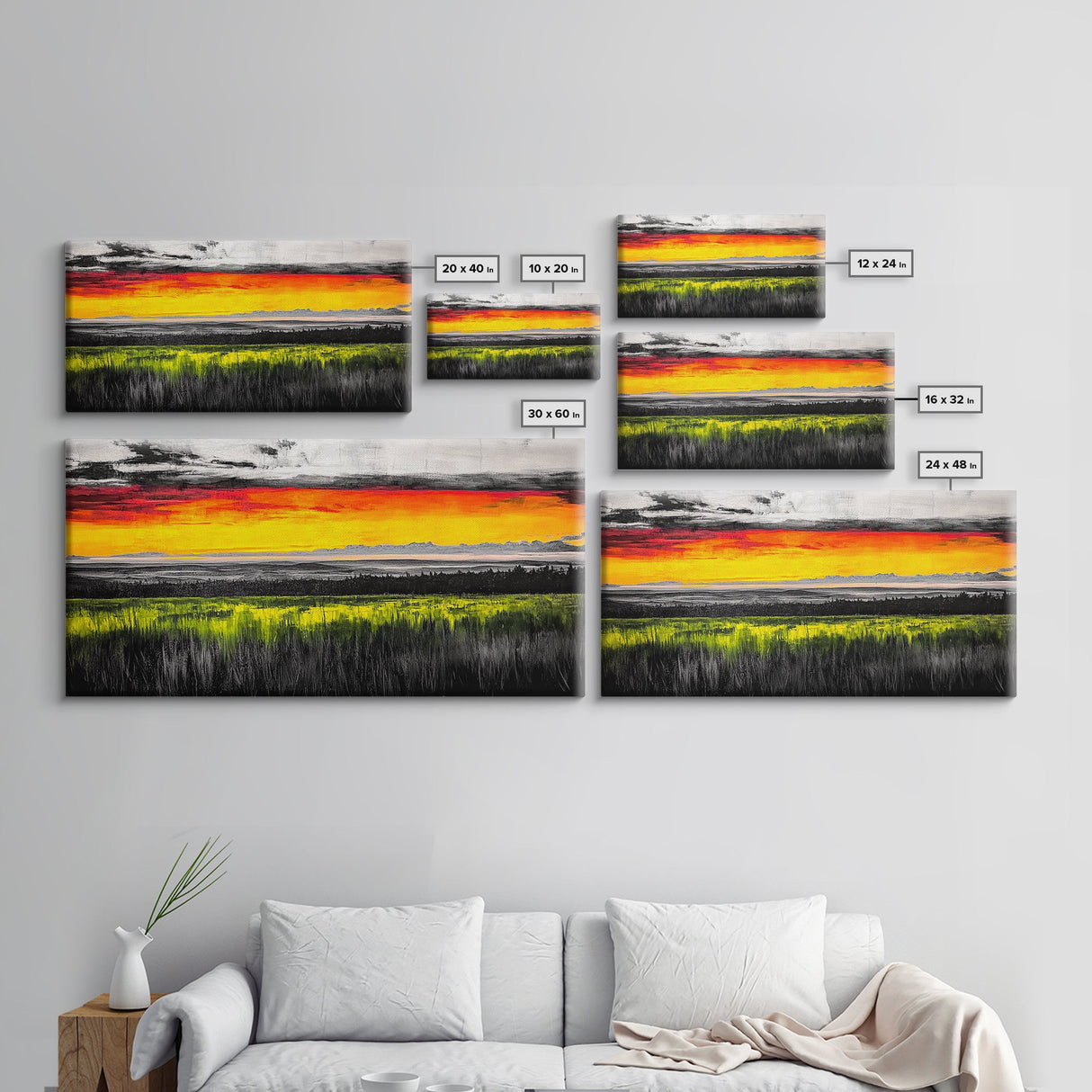 Sunset Meadow, Vibrant Sky Over Rolling Hills, Nature Landscape Painting, Bold Color Art, Canvas Print, Farmhouse Decor, Dining Room Art