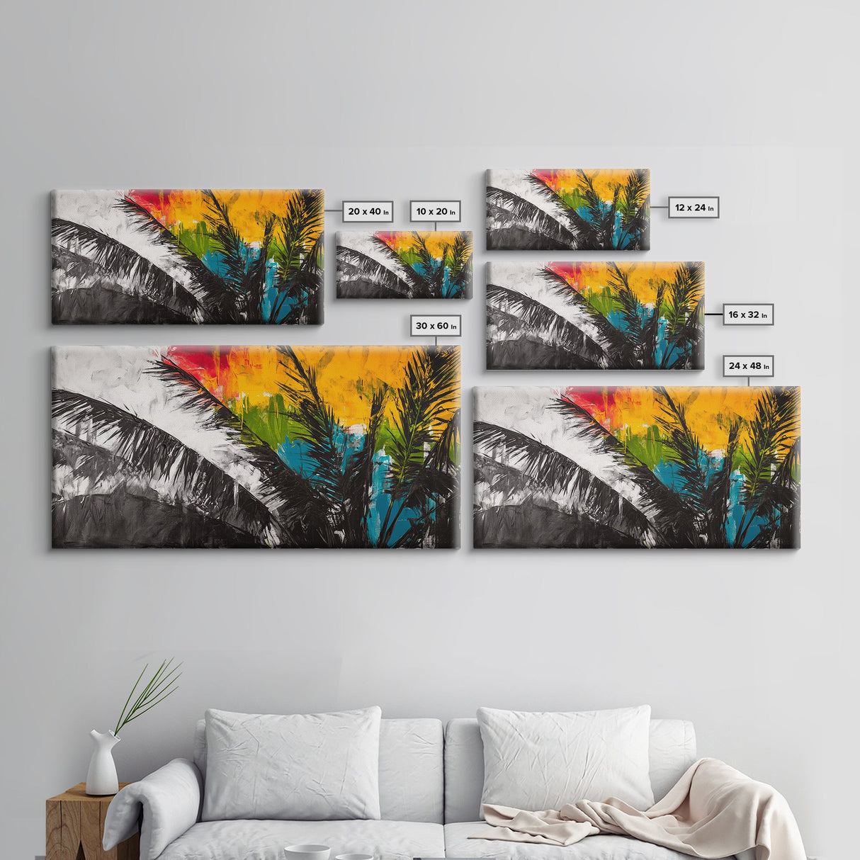 Tropical Palm Leaves, Sunset Art, Beach House Decor, Vibrant Coastal Painting, Island Vibes, Framed Canvas Print, Bedroom Wall Art