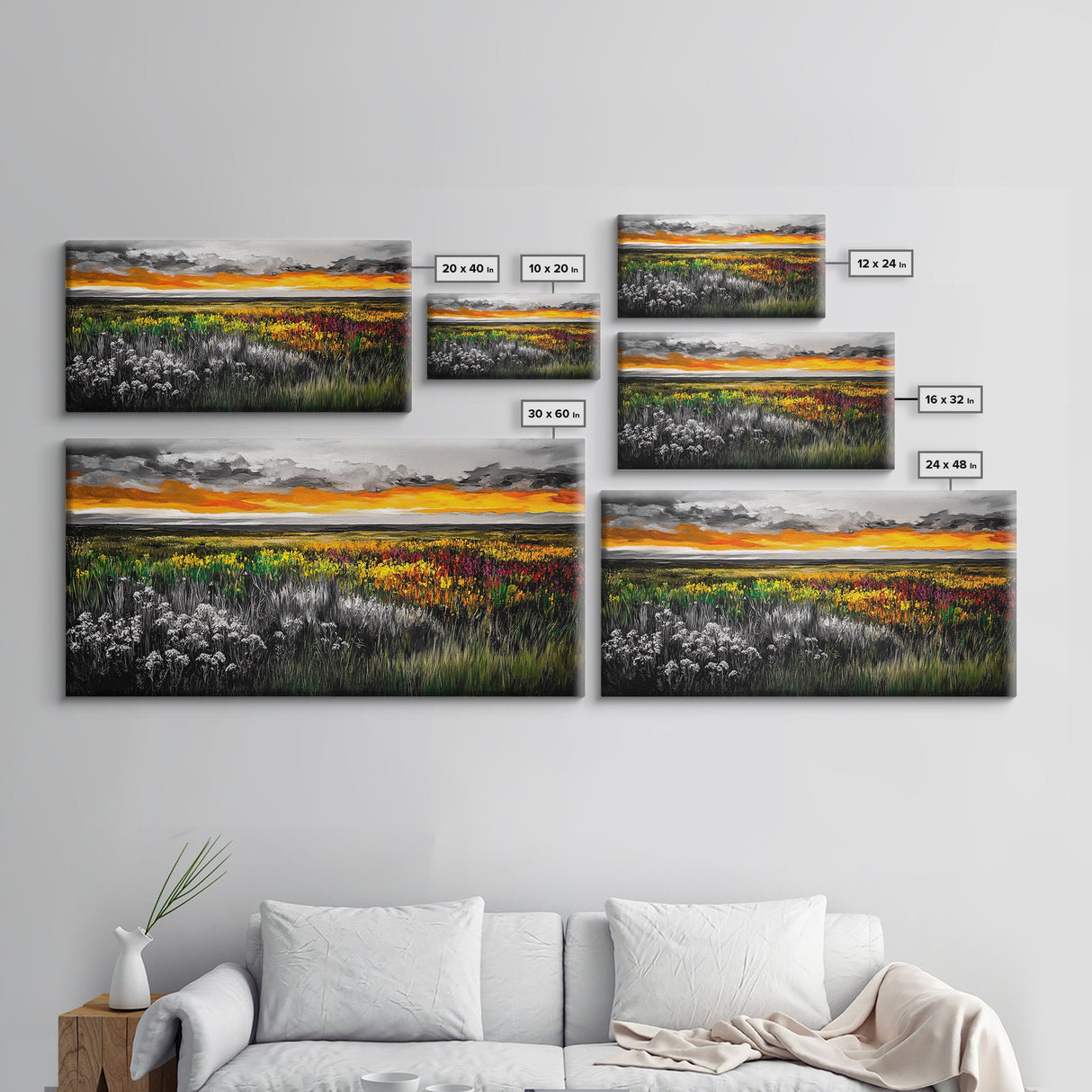 Vibrant Sunset, Colorful Sky, Wildflower Meadow, Framed Canvas Print, Fall Landscape, Nature Art, Living Room Decor, Rustic Warmth
