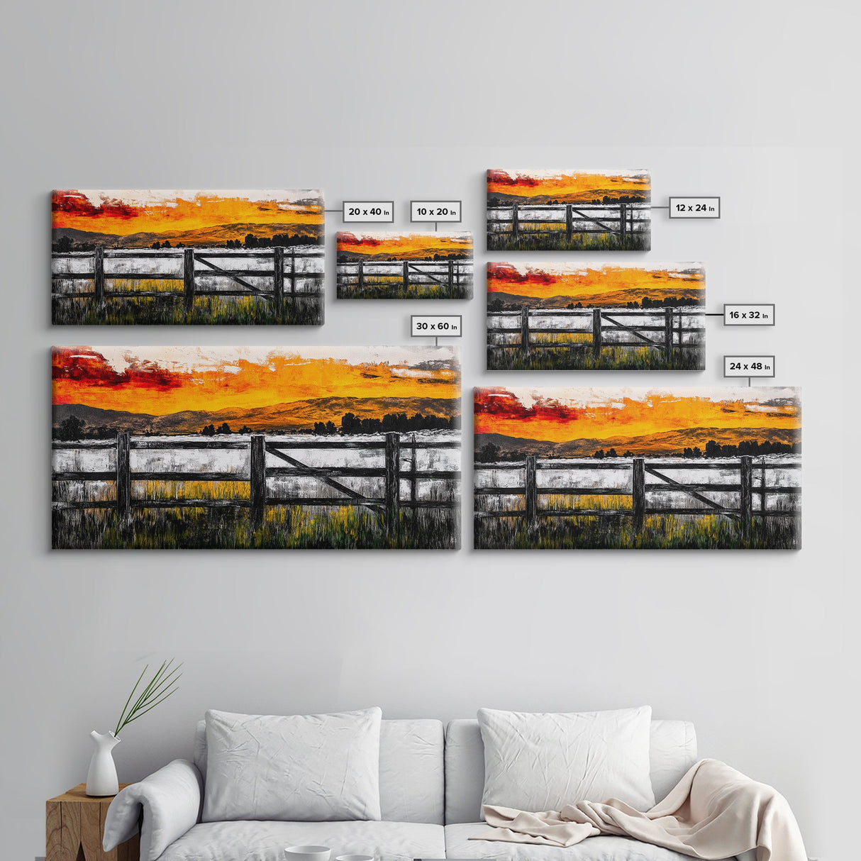 Sunset Fence, Mountain View, Rustic Canvas Print, Large Wall Art, Autumn, Farmhouse Painting, Framed Canvas Print, Moody Home Decor