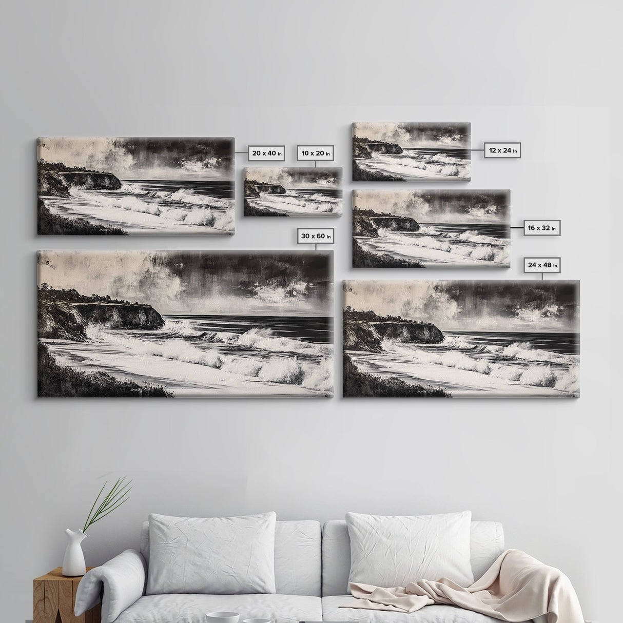Ocean Waves, Coastal Landscape, Black and White, Framed Canvas Print, Nautical Wall Art, Minimalist Art, Living Room Wall Decor