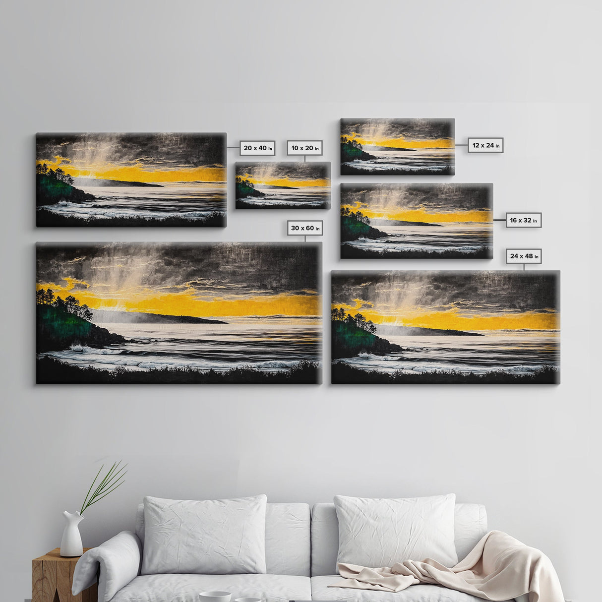 Golden Sunset, Coastal Painting, Dramatic Sky, Framed Canvas Print, Seascape Wall Art, Contemporary Art, Bedroom Wall Decoration