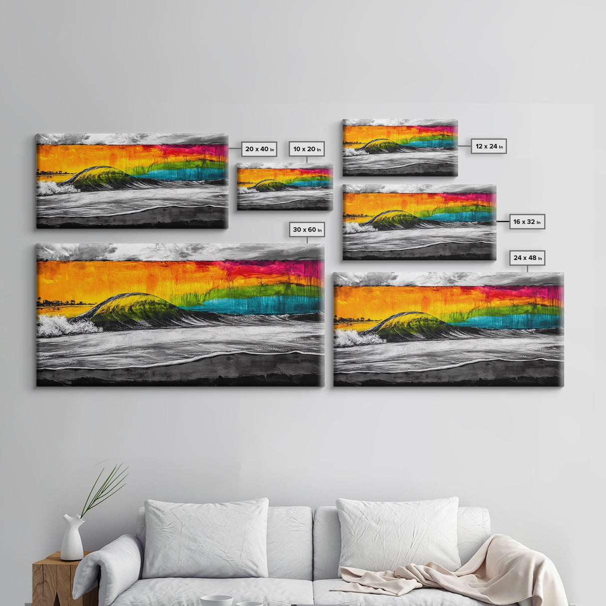 Colorful Wave, Tropical Sunset, Surf Art, Canvas Print, Beach Wall Art, Coastal Decor, Vibrant Ocean Painting, Framed Canvas Print, Large Wall Art