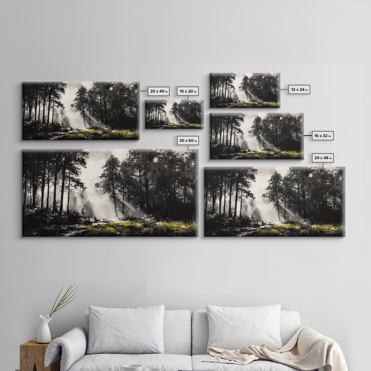 Misty Forest, Black and White, Nature Landscape, Framed Canvas Print, Tree Art, Moody Wall Decor, Rustic Cabin Art, Office Wall Art