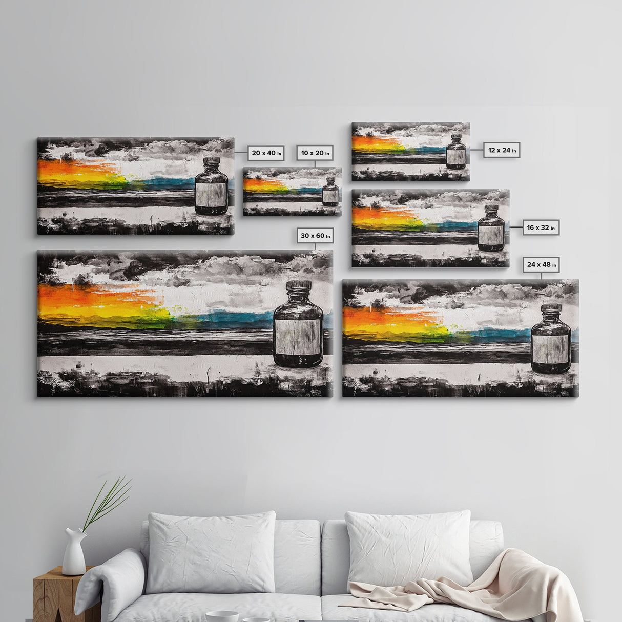 Medicine Bottle, Surreal Art, Sunset Print, Framed Canvas Print, Dreamy Landscape, Modern Wall Decor, Eclectic Art, Office Artwork