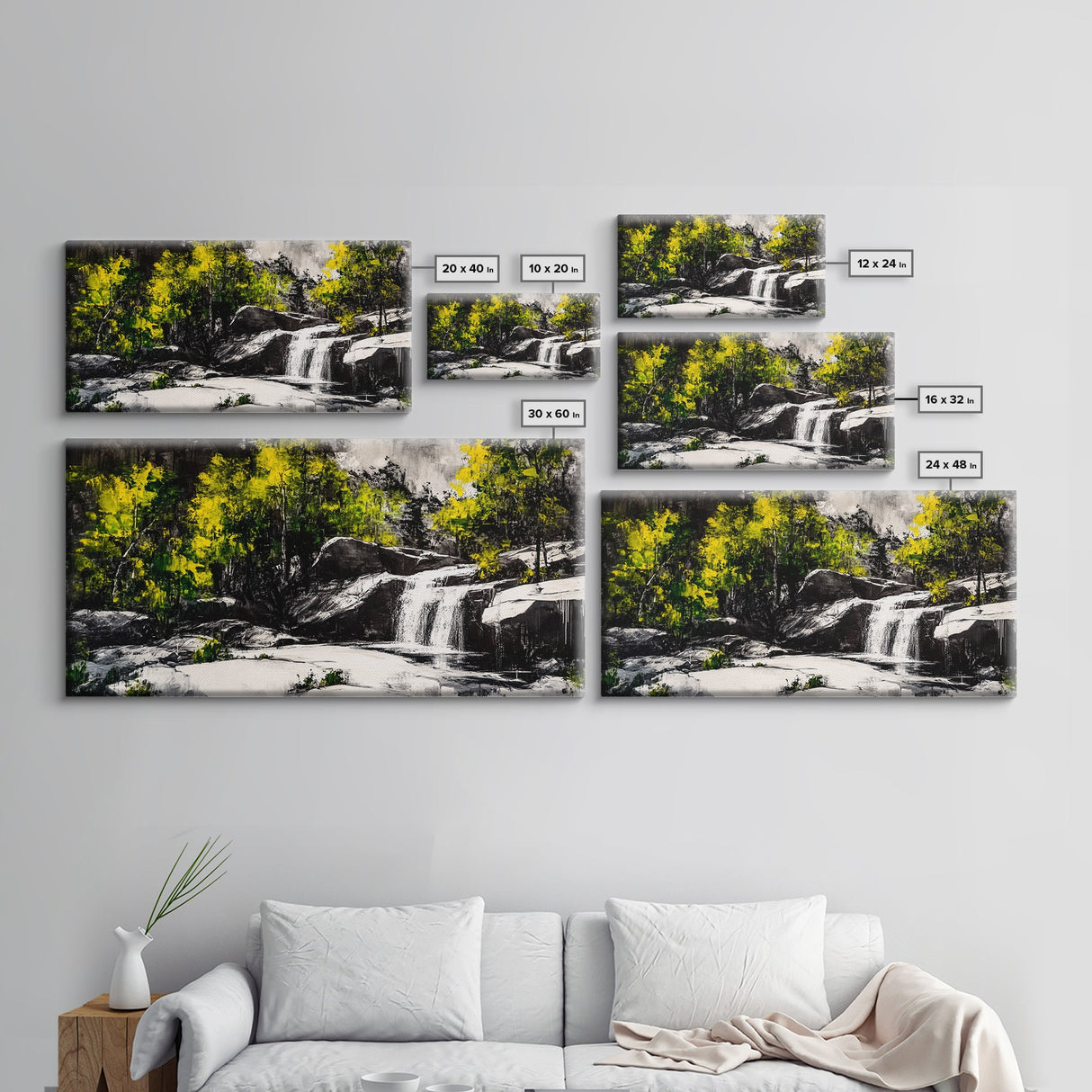 Waterfall Scene, Nature Art, Black and White Landscape, Rustic Cabin Decor, Wilderness Painting, Relaxing Wall Art, Canvas Print