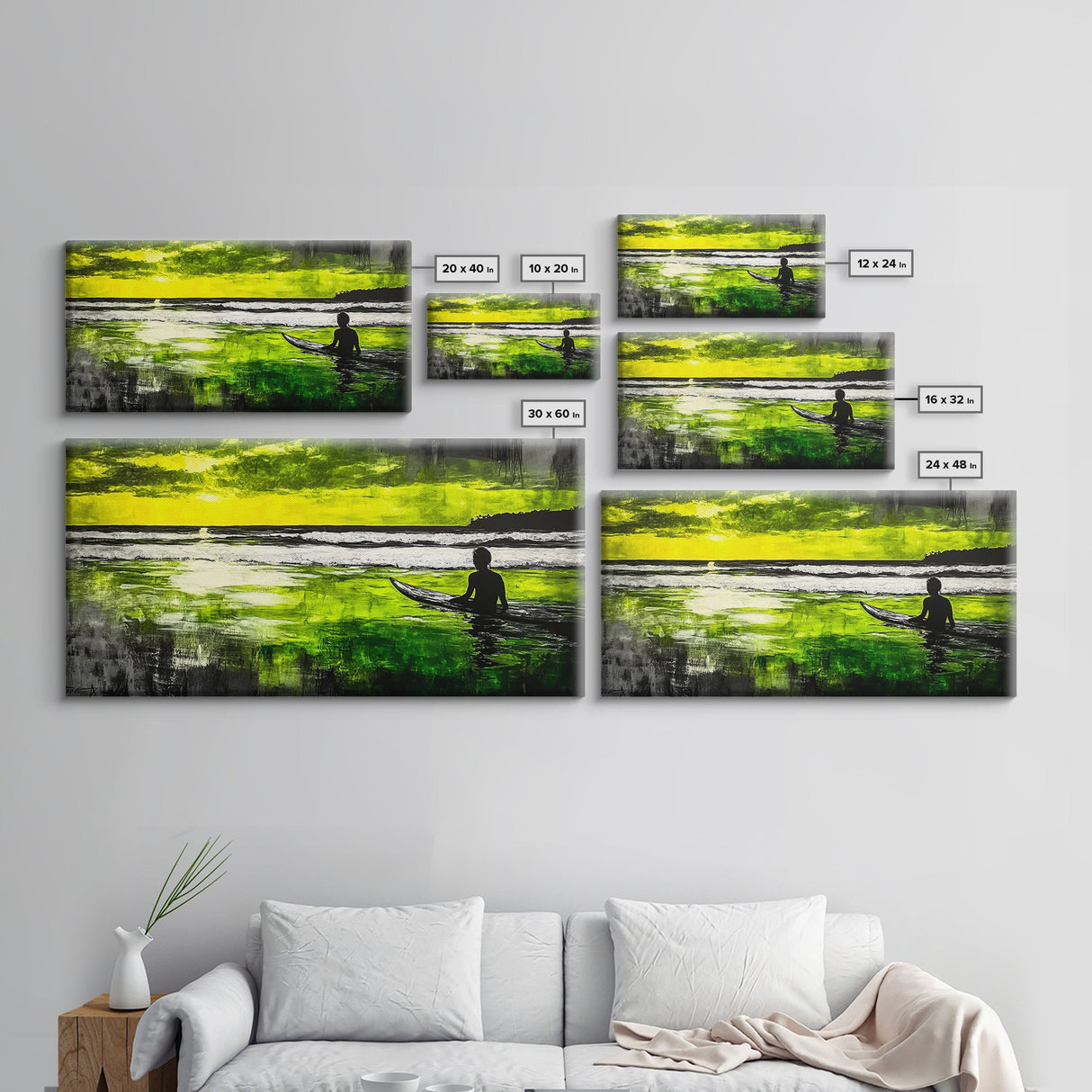 Surfer Waiting, Ocean Art, Tropical Canvas Print, Vibrant Green, Modern Wall Art, Surfing Decor, Beach House Vibes, Coastal Painting