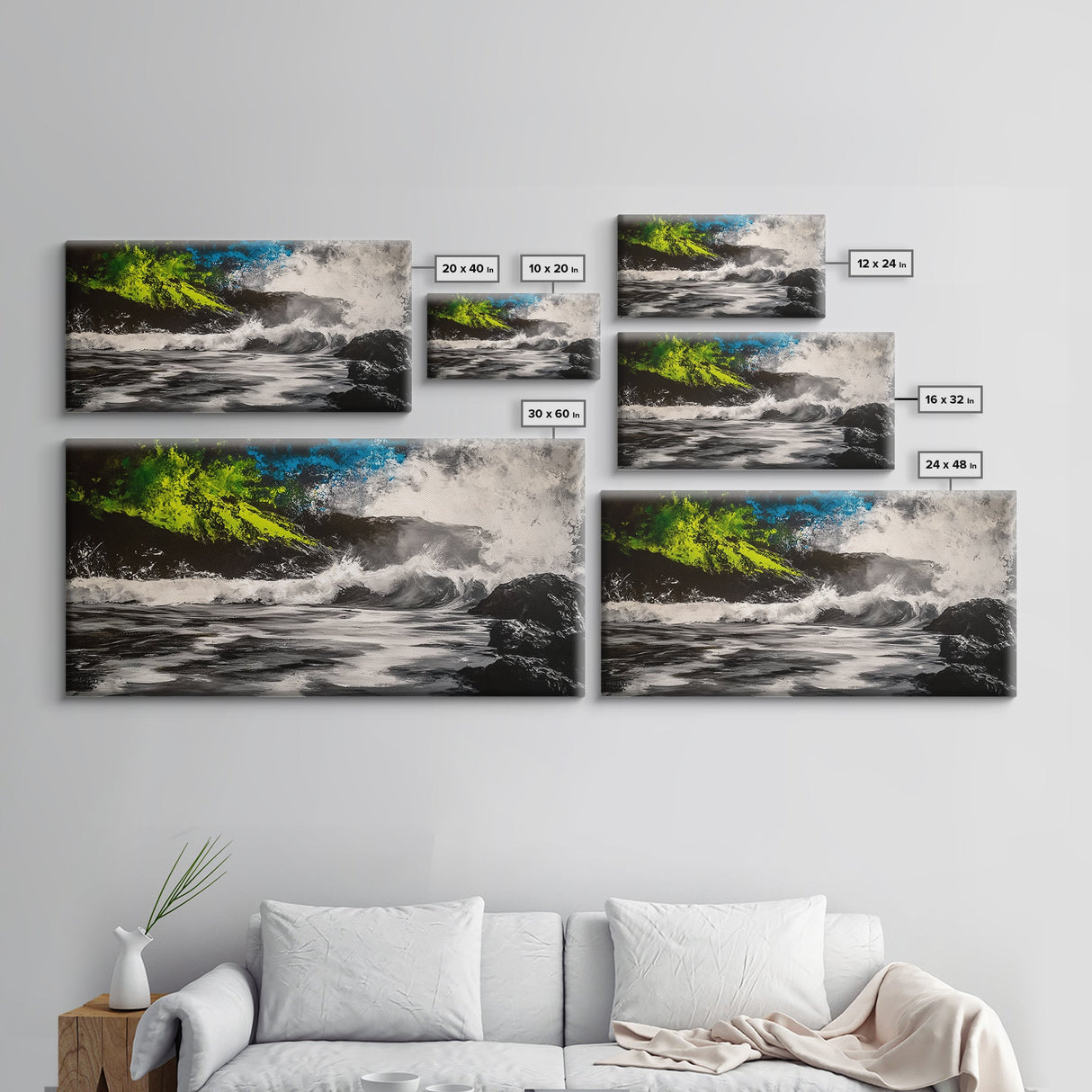 Wild Waves, Ocean Storm, Dramatic Seascape, Coastal Art, Beach House Decor, Framed Canvas Print, Black and White Wall Art, Nature Painting