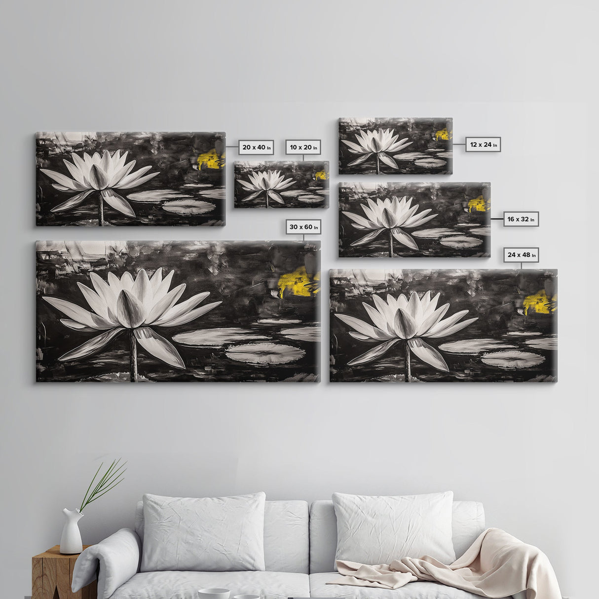 Lotus Flower, Black and White Botanical Art, Zen Wall Decor, Nature Painting, Minimalist Canvas Print, Bedroom Meditation Art