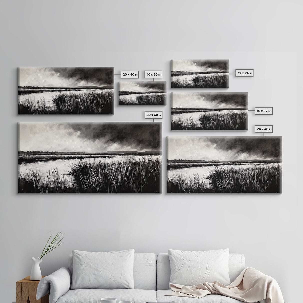 Marshland Landscape, Moody Black and White Art, Nature Wall Decor, Large Framed Canvas Print, Serene Wetlands Painting