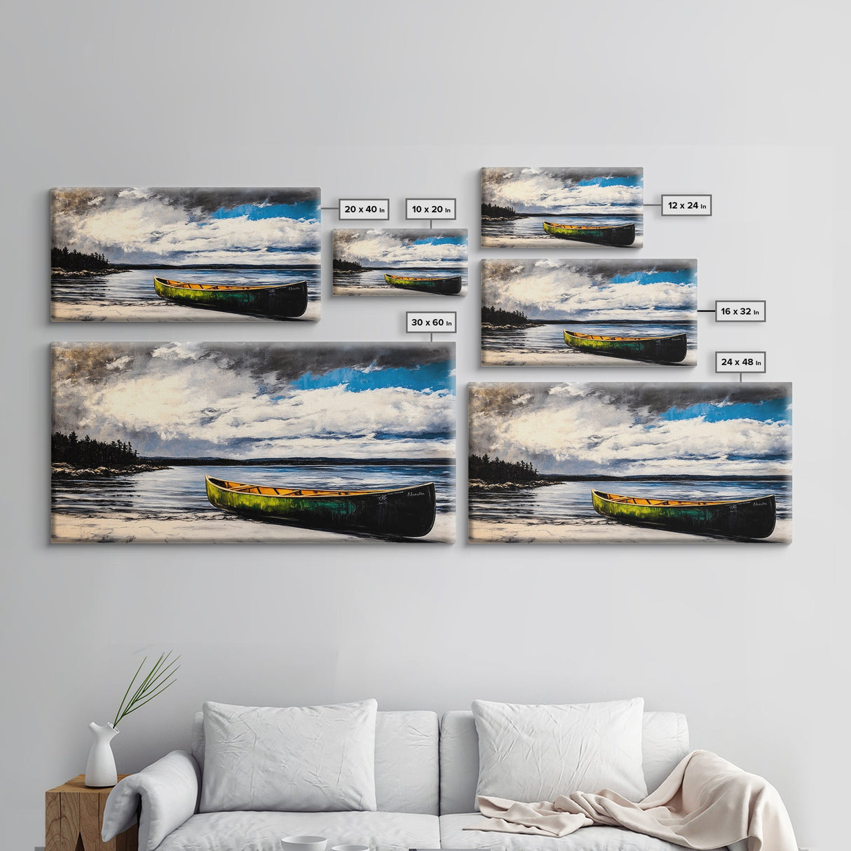 Green Canoe, Tranquil Art, Lake Landscape, Serene Cabin Wall Art, Adventure Home Decor, Living Room Art, Framed Canvas Print
