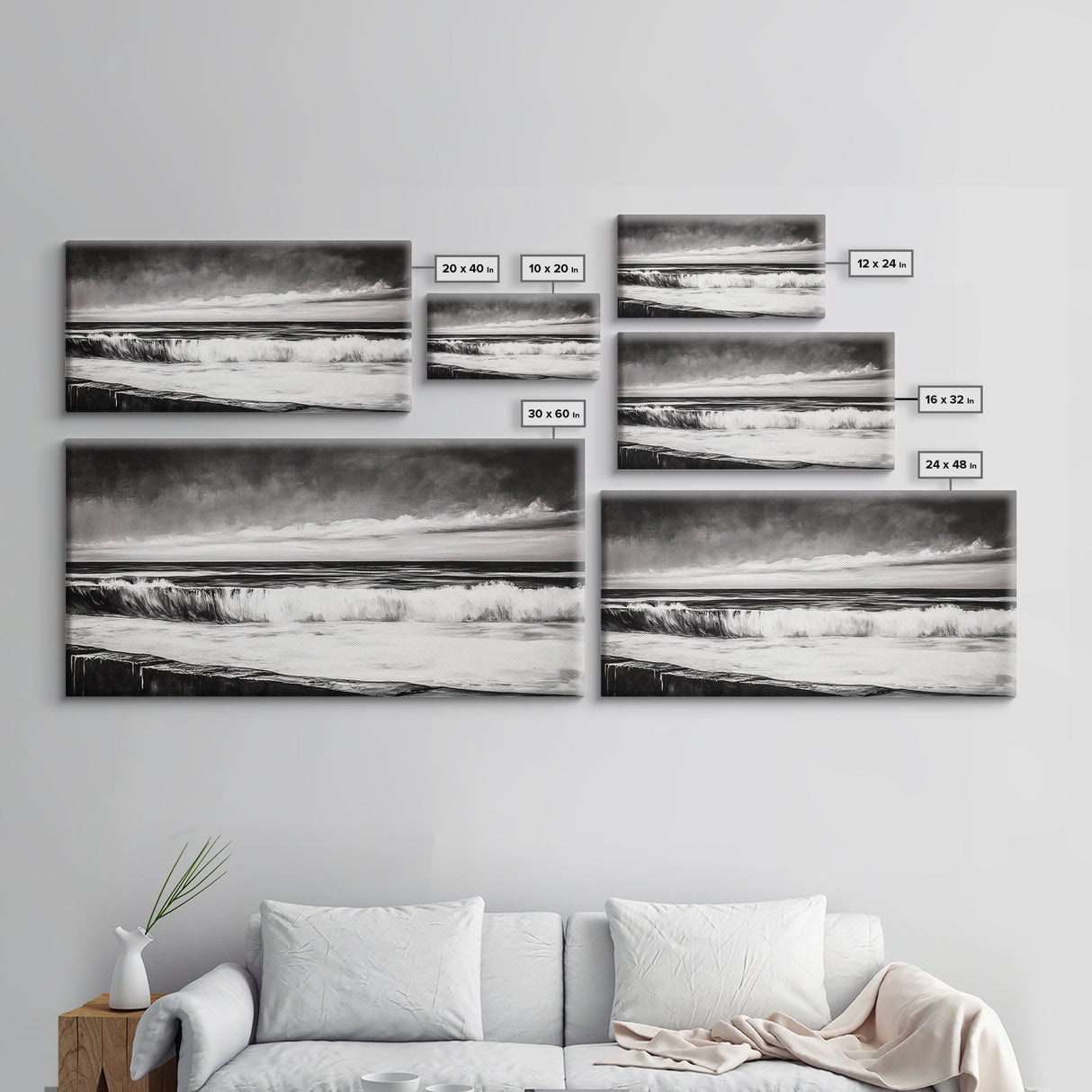 Monochrome Ocean, Rolling Waves, Black and White Beach Art, Framed Canvas Print, Minimalist Seascape, Coastal Wall Decor, Bedroom Art