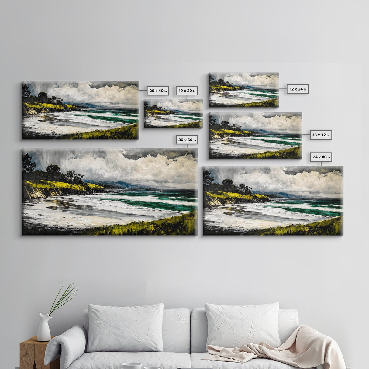 Foggy Shoreline, Rolling Waves, Coastal Landscape, Framed Canvas Print, Beach House Wall Art, Minimalist Decor, Modern Seascape Art