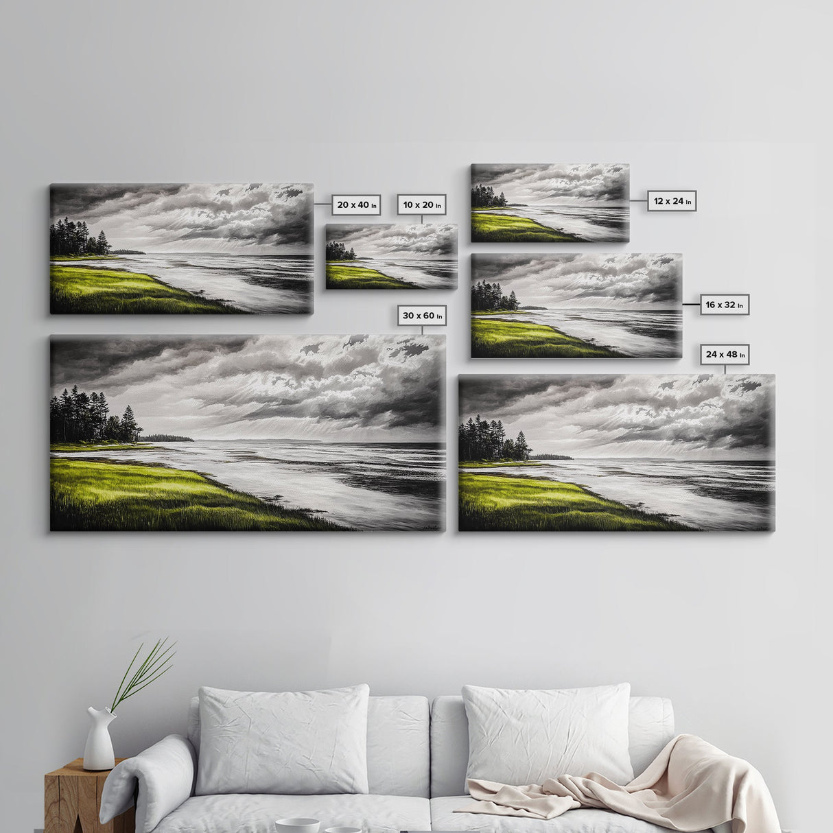 Stormy Beach, Coastal Horizon, Monochrome Landscape, Framed Canvas Print, Minimalist Art, Modern Living Room Decor, Dramatic Ocean Scene