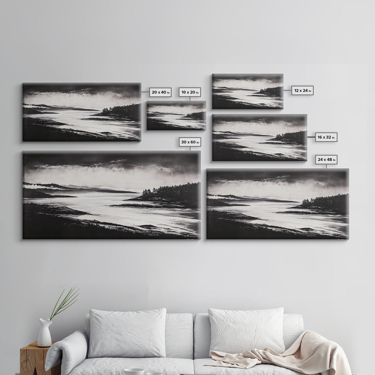 Serene Waters, Mountain Lake, Foggy Landscape, Canvas Print, Black and White Art, Minimalist Home Decor, Rustic Cabin Wall Art, Office Art