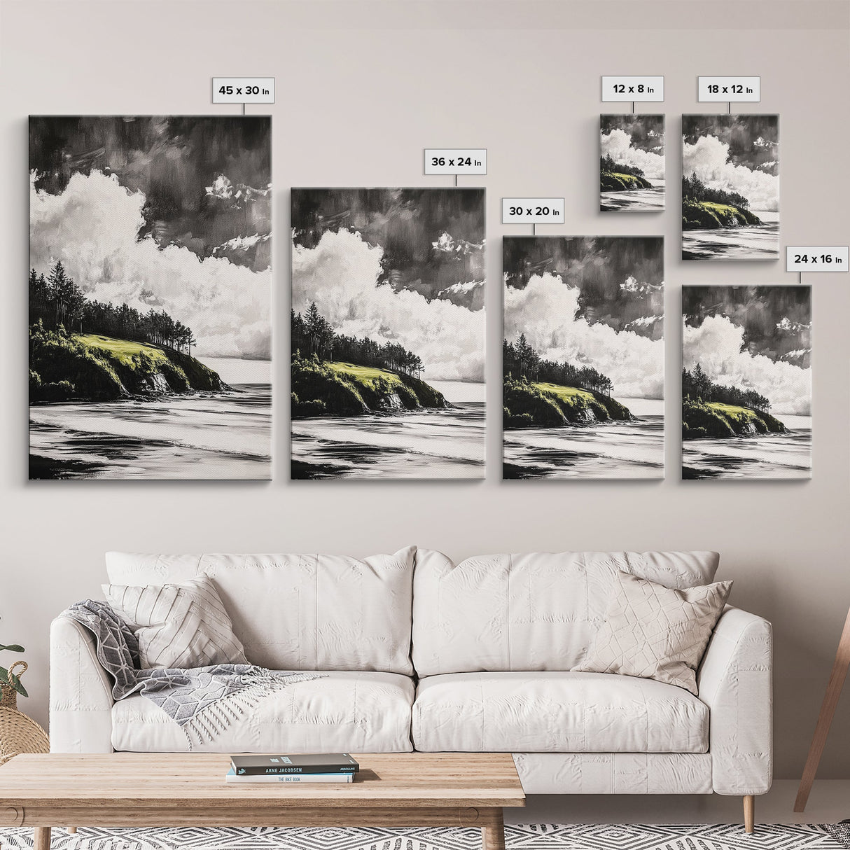 Coastal Cliffs, Black and White Landscape, Moody Sky Painting, Rustic Nature Wall Art, Office Decor, Framed Canvas Print