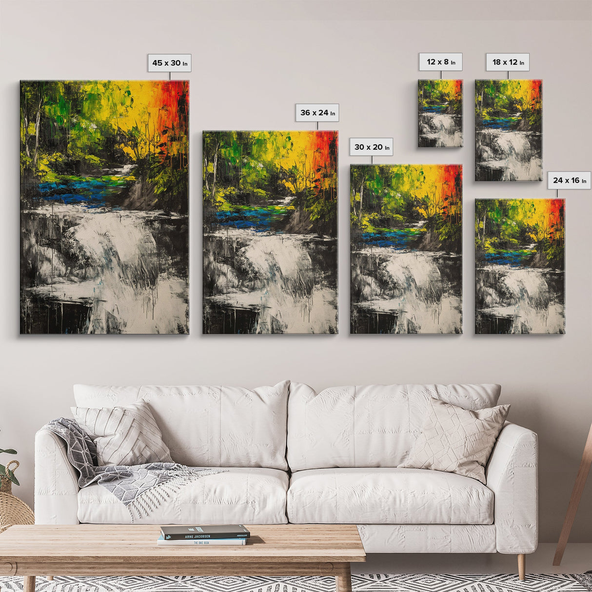 Waterfall Glow, Nature Art, Forest Landscape, Vibrant Painting, Modern Home Decor, Wilderness Retreat, Fall Wall Art, Framed Canvas Print