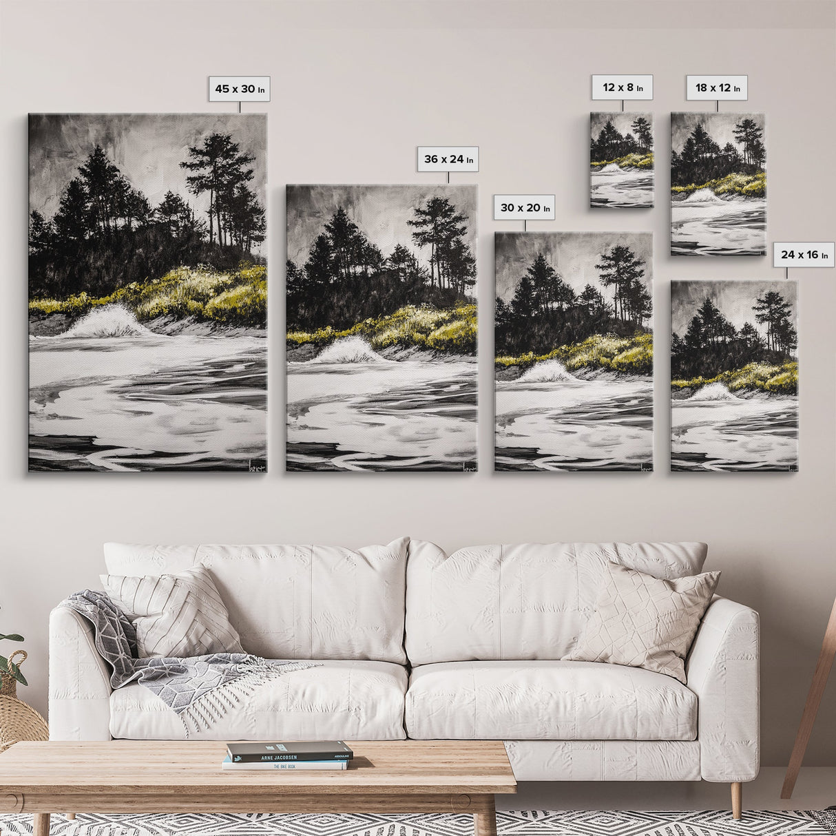 Forest Edge, Beach Shore, Dramatic Sky, Black and White Wall Art, Modern Minimalist Decor, Living Room Art, Canvas Print, Nature Inspired