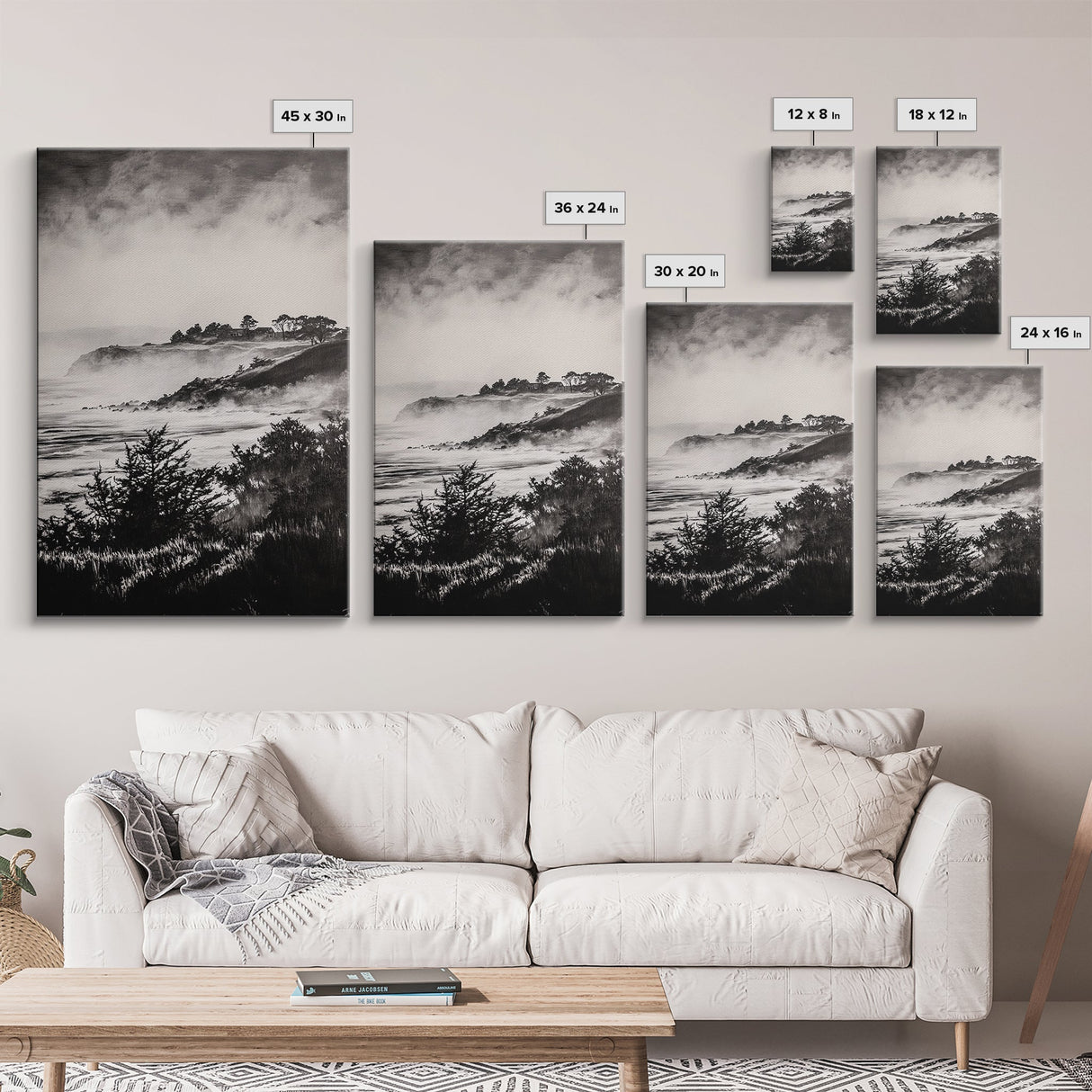 Misty Coast, Black White Art, Framed Canvas Print, Coastal Landscape, Foggy Ocean, Living Room Art, Nautical Decor, Monochrome Art