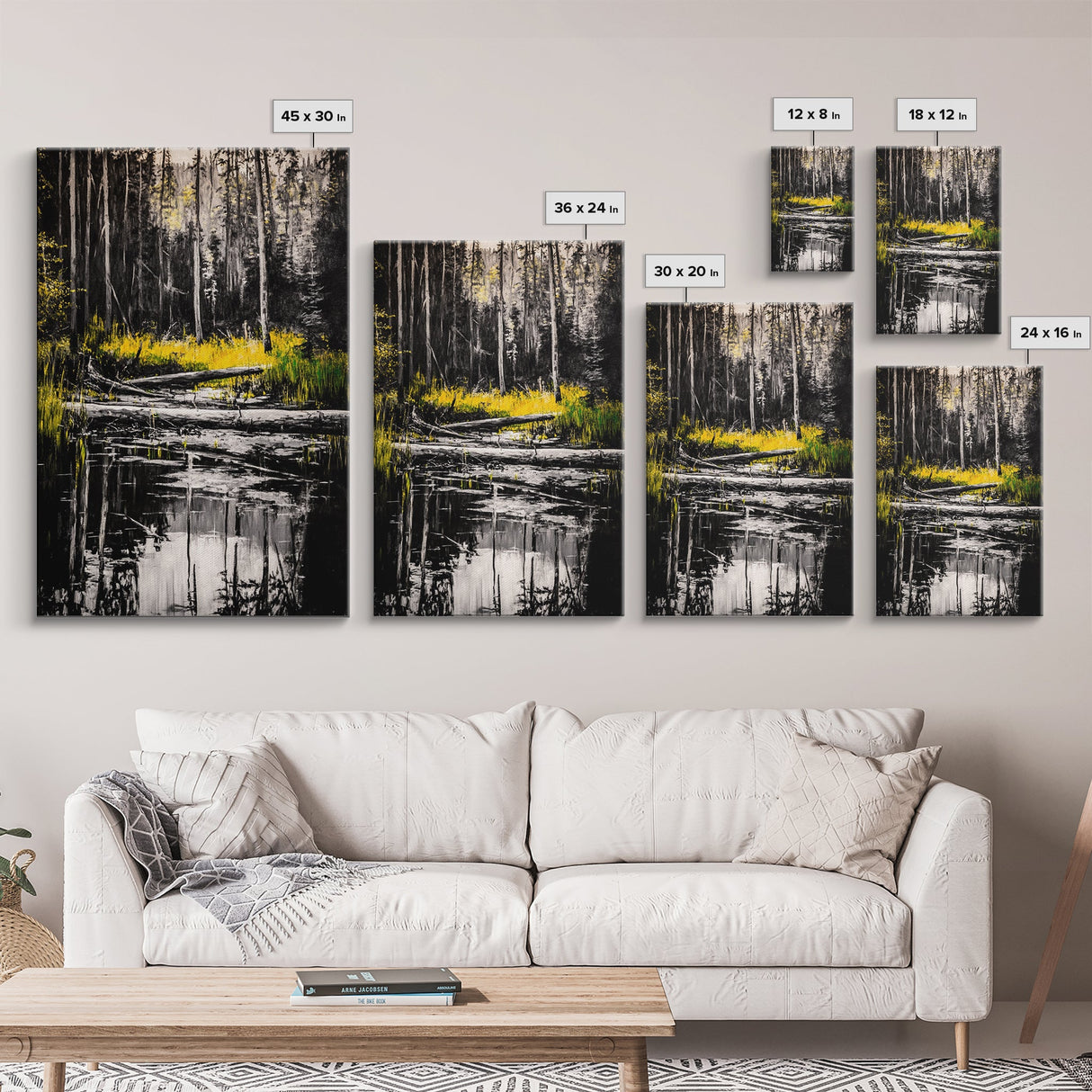 Forest Reflection, Black and White Landscape, Rustic Home Art, Nature Inspired Painting, Cabin Wall Decor, Framed Canvas Print