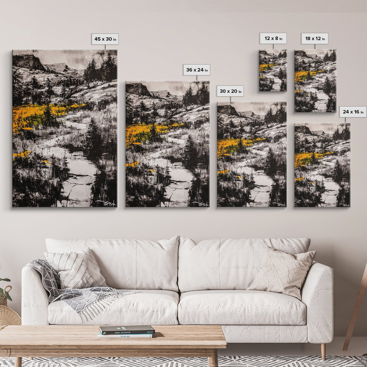 Mountain Path, Black and White Landscape, Dramatic Nature Painting, Wilderness Wall Art, Framed Canvas Print, Rustic Lodge or Office Decor