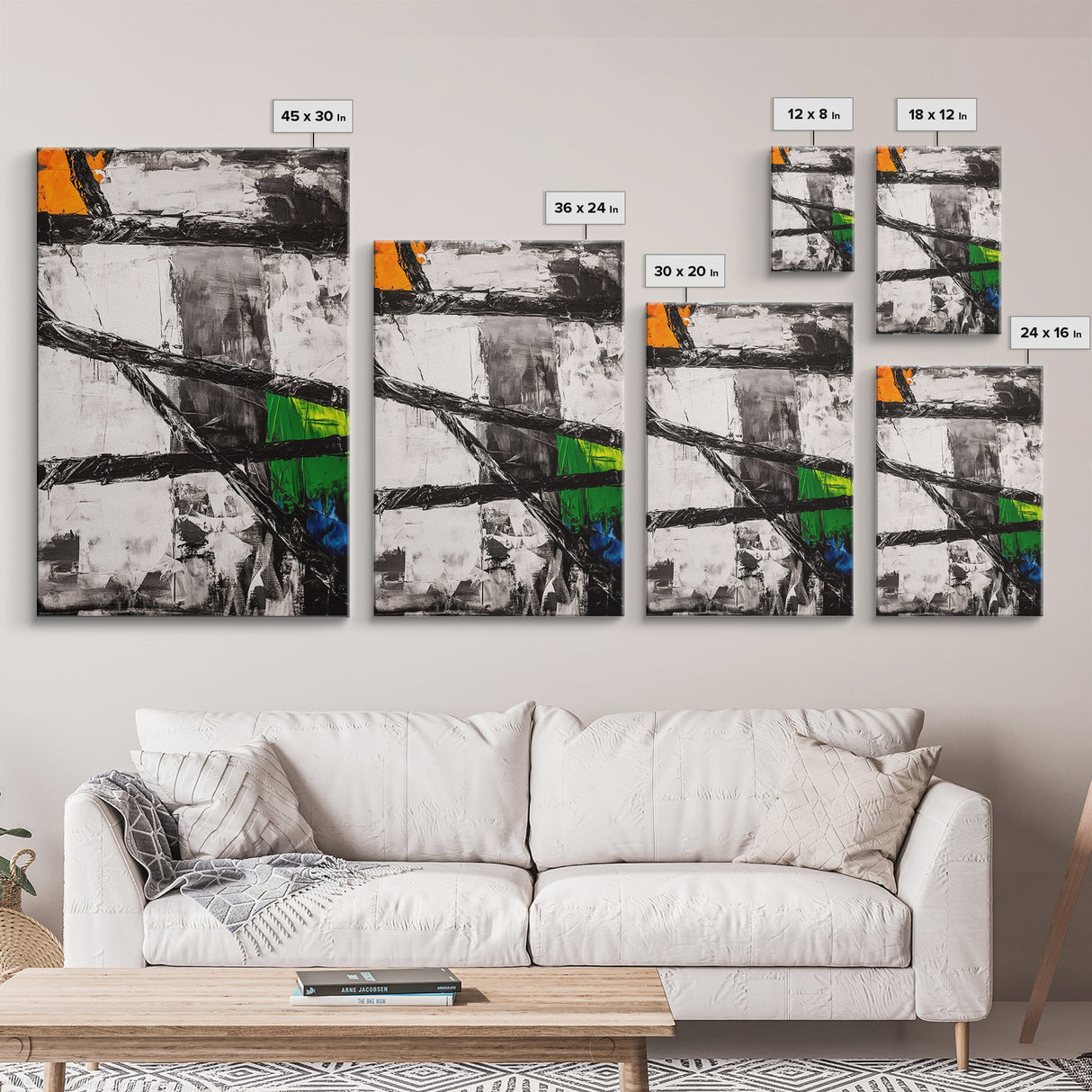 Geometric Abstract, Black and White with Green and Yellow Accents, Modern Minimalist Wall Art, Framed Canvas Print, Office or Loft Decor