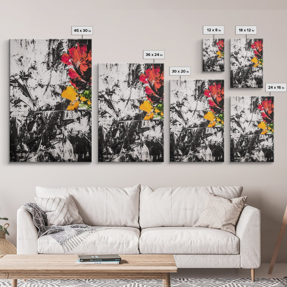 Abstract Flowers, Black and White, Red Floral Art, Bold Wall Decor, Modern Art, Framed Canvas Print, Minimalist Living Room Art