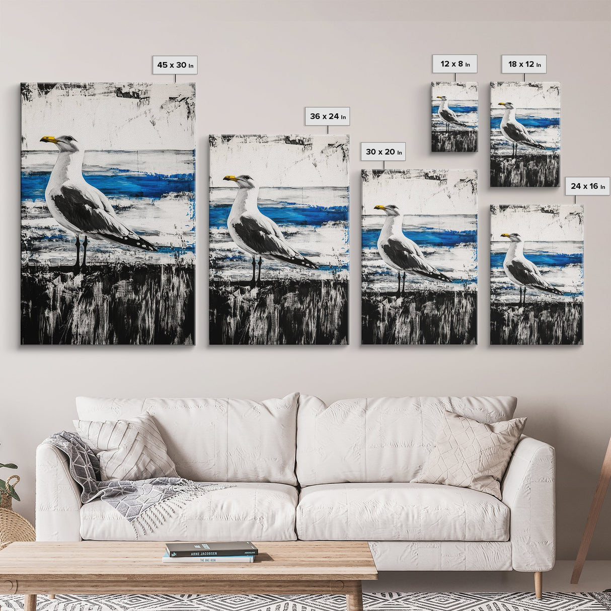 Seagull Painting, Coastal Bird Art, Ocean Wall Decor, Nautical Home Art, Blue and White Theme, Framed Canvas Print, Beach House Decor