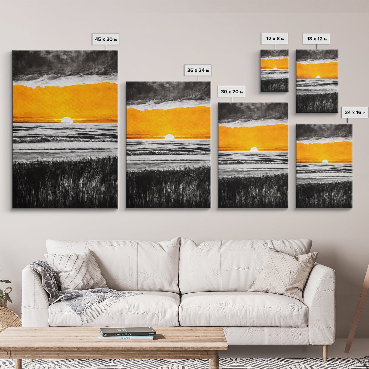 Fiery Sunset, Dramatic Sky, Ocean Scene, Framed Canvas Print, Fall Wall Art, Large Beach Painting, Contemporary Art, Sunset Horizon