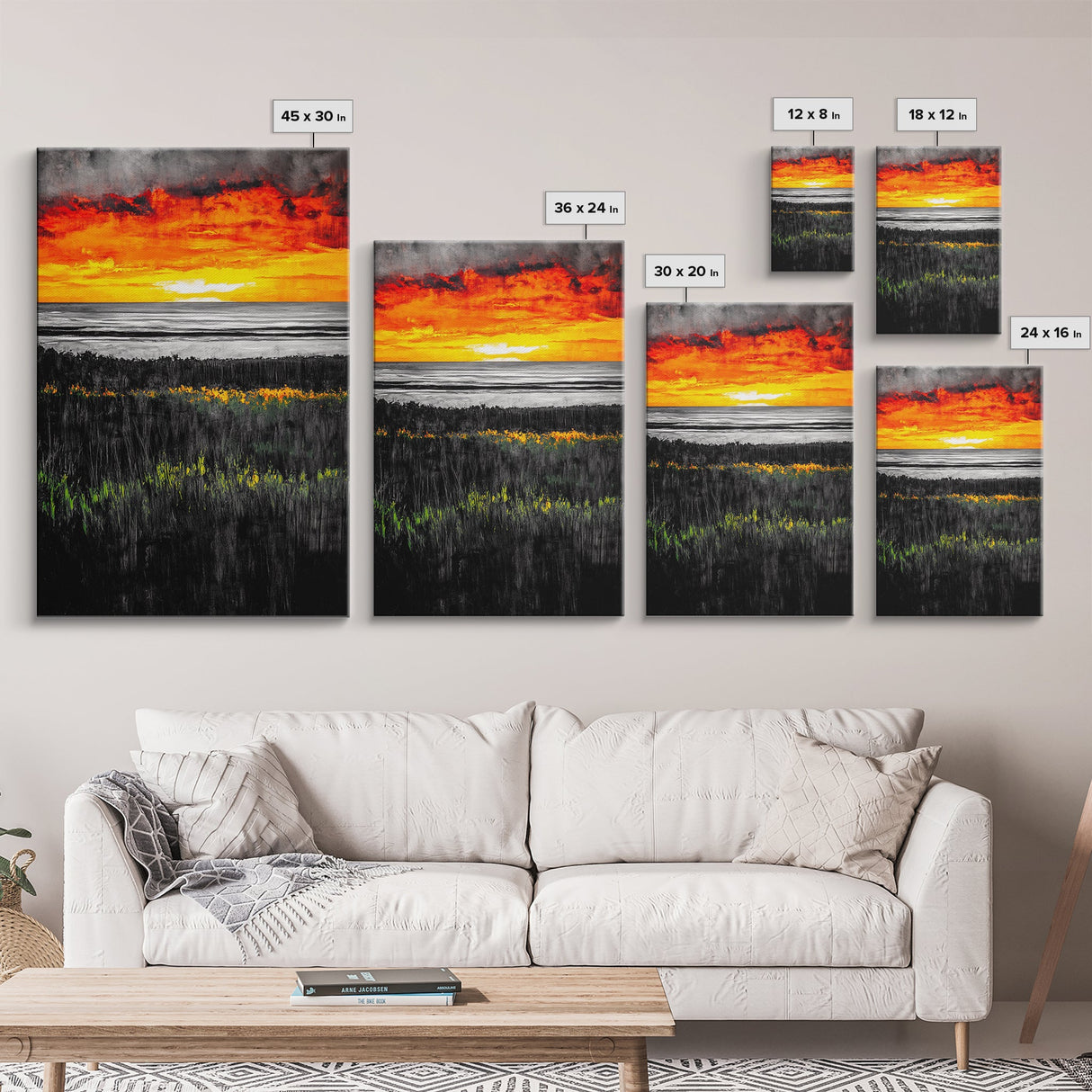 Bold Sunset, Coastal Horizon, Modern Landscape, Framed Canvas Print, Vibrant Seascape Art, Minimalist Beach Decor, Living Room Wall Art