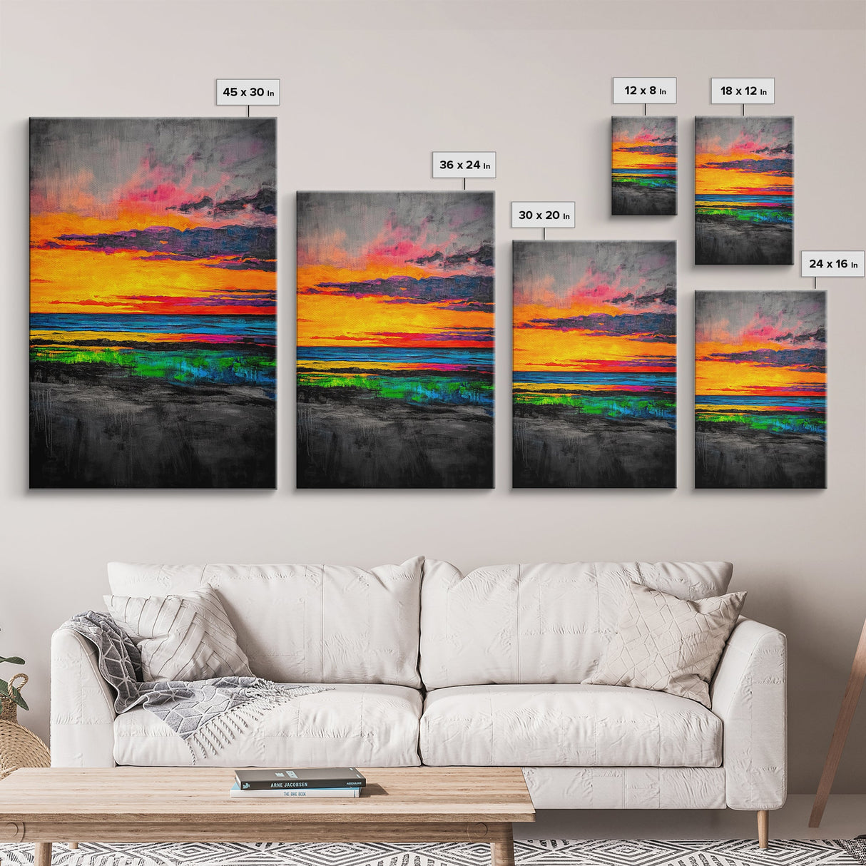 Sunset Glow, Vibrant Landscape, Nature Art, Framed Canvas Print, Dramatic Sky Painting, Fall Home Decor, Large Wall Art, Beach Scene