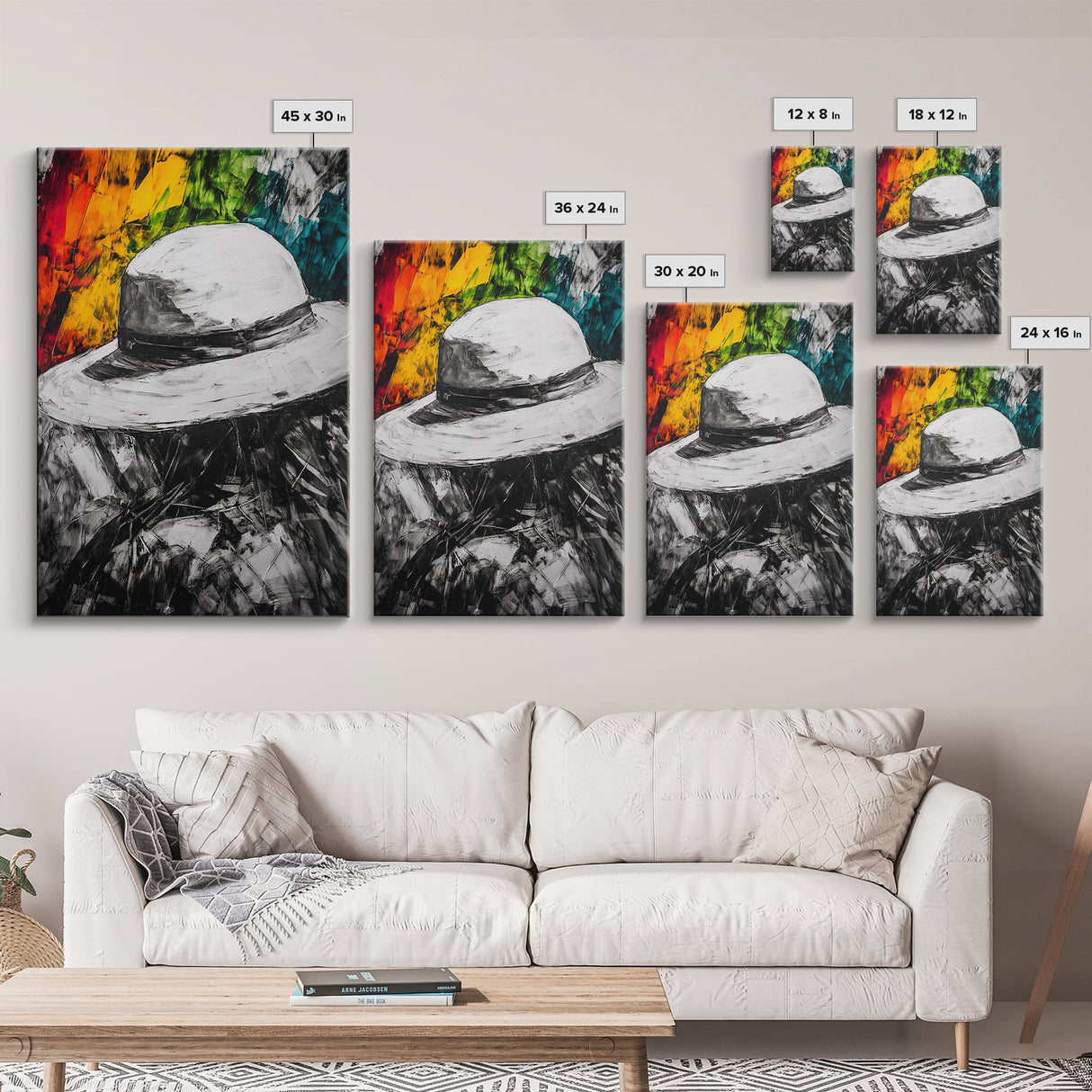 White Hat, Western Art, Framed Canvas Print, Southwestern Decor, Rustic Wall Art, Colorful Abstract Art, Boho Living Room Art