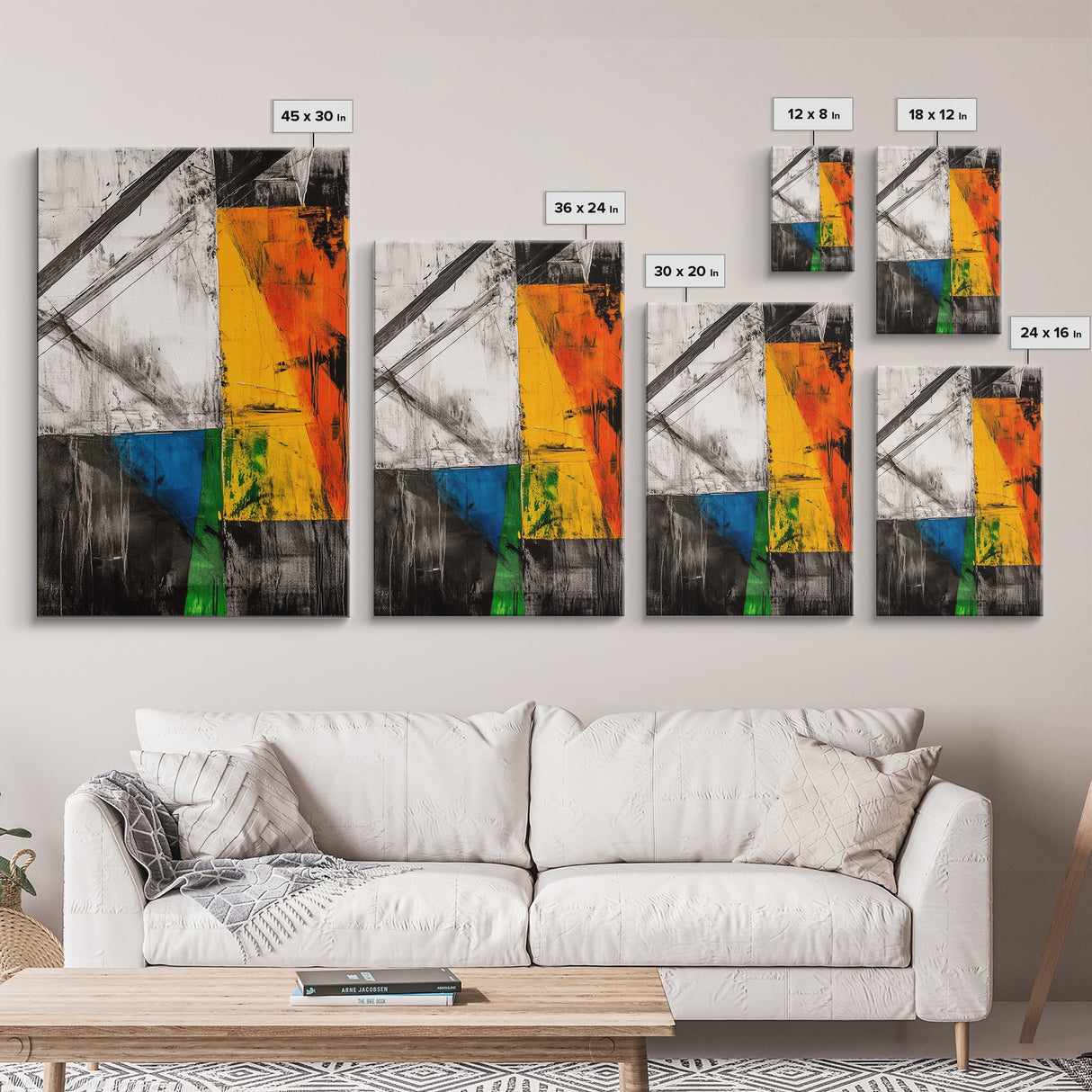Abstract Geometric Art, Yellow Orange Blue Green, Black White Art, Minimalist Wall Decor, Contemporary Office Art, Framed Canvas Print