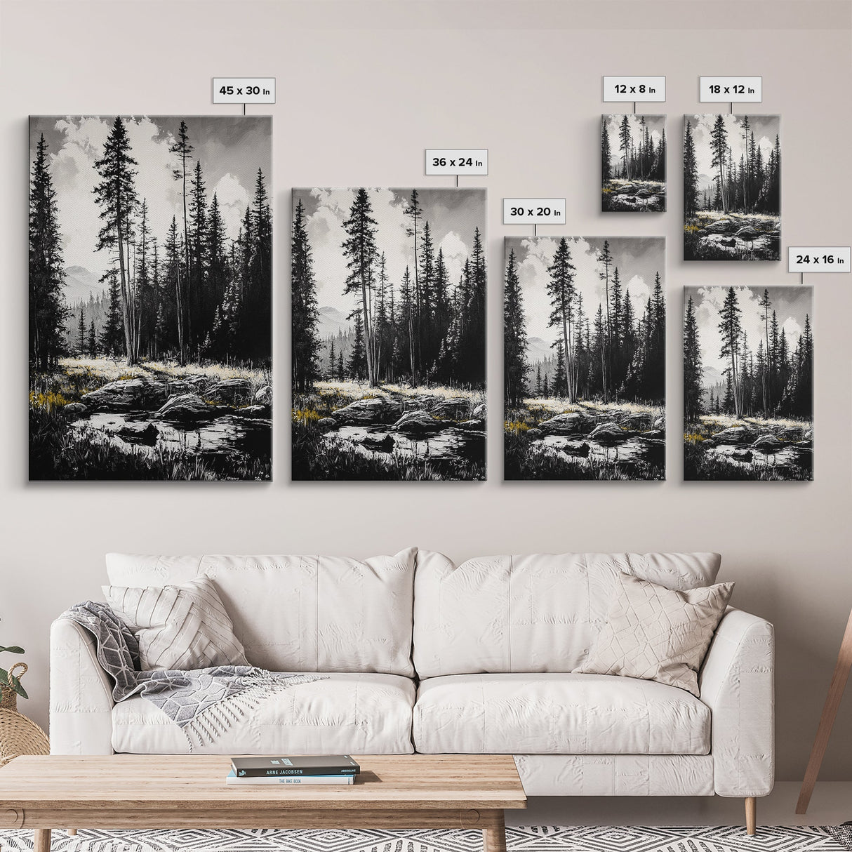 Forest Landscape Print, Black and White Tree Art, Cabin Wall Decor, Nature Inspired Art, Minimalist Scene, Framed Canvas Print