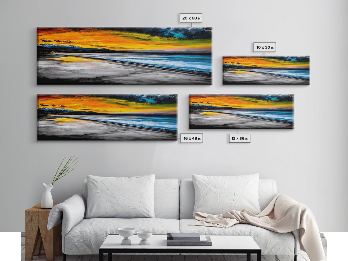 Dramatic Beach Sunset, Golden Coastal Painting, Moody Ocean Wall Art, Vibrant Seascape Print, Tropical Home Decor, Framed Canvas Print